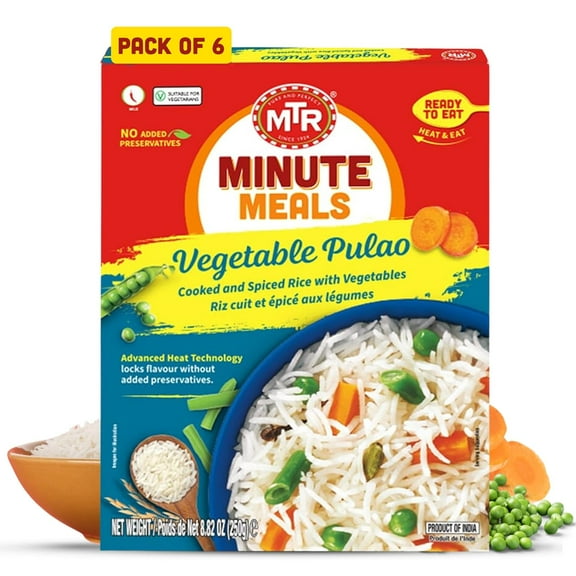 MTR Vegetable Pulao - Microwavable Rice Packs for Instant Meals - Authentic Indian Ready-To-Eat Meal - Delicious & Nutritious Rice Ready in Minutes - Suitable for Vegetarians (250g, Pack of 6)