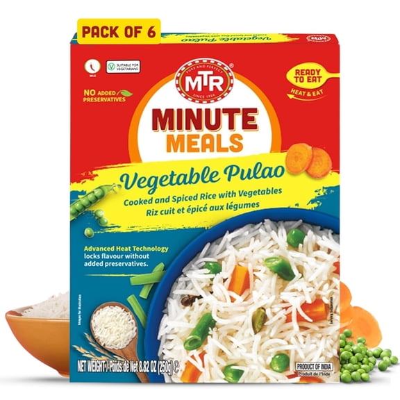 MTR Vegetable Pulao - Microwavable Rice Packs for Instant Meals - Authentic Indian Ready-To-Eat Meal - Delicious & Nutritious Rice Ready in Minutes - Suitable for Vegetarians (250g, Pack of 6)
