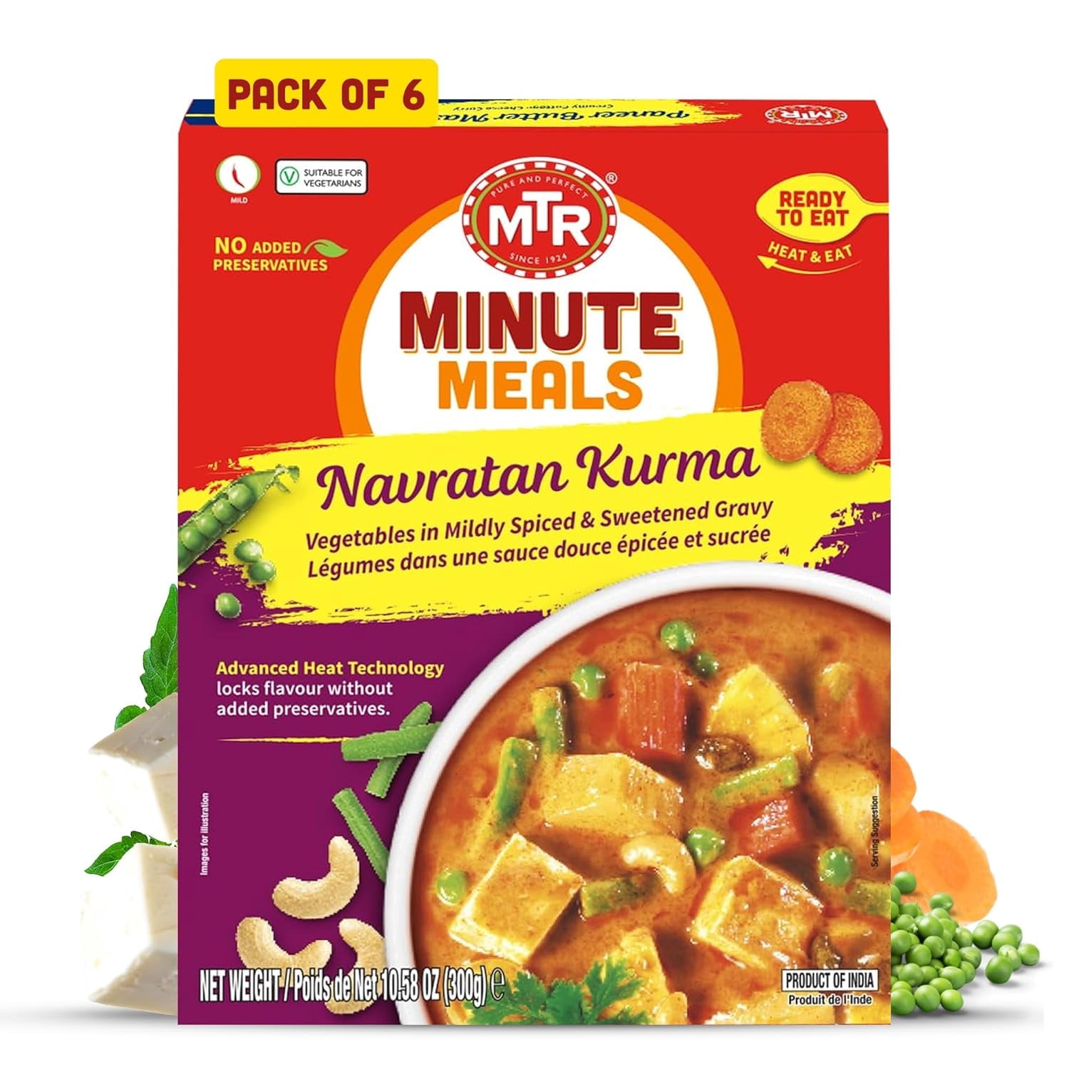 MTR Navratan Kurma - Vegetables in Mildly Spiced & Sweetened Gravy - Tasty Indian Meal with No Added Preservatives - Suitable for Vegetarians, Ready in Minutes! (300g, Pack of 6)
