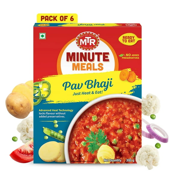MTR Pav Bhaji (300g, Pack of 6) Spiced Vegetable Gravy, Ready-to-Eat Indian Street Food, Vegetarian, No Preservatives, Microwavable & Flavorful