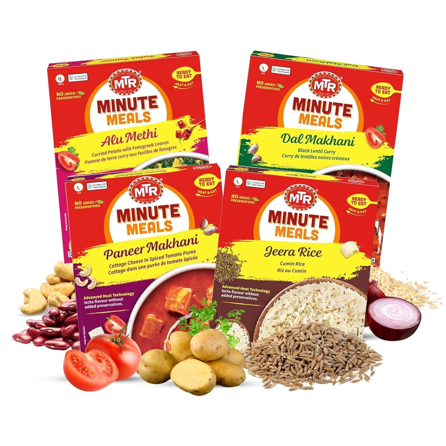MTR Ready-To-Eat: Dhaba Mix - Assorted Pack of 4 (Alu Methi, Dal Makhani, Paneer Makhani, Jeera Rice) - Authentic Indian Food with No Added Preservatives - Suitable for Vegetarians