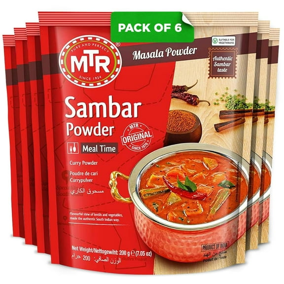 MTR Sambar Powder Ready Mix  Authentic Indian Curry Powder Blend of Turmeric, Red Chili, Fenugreek & Asafoetida  Great Aroma & Flavor  Perfect for Flavorful Sambar Broth  (200g, Pack of 6)