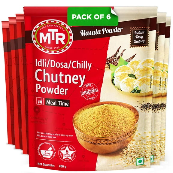 MTR Spiced Chutney Powder - Indian Spice Blend with Black gram dal, Red Chilli, Curry Leaves, Mustard, and Asafoetida - Instant and Easy to use - Ideal for Meal Time - (200g, Pack of 6)