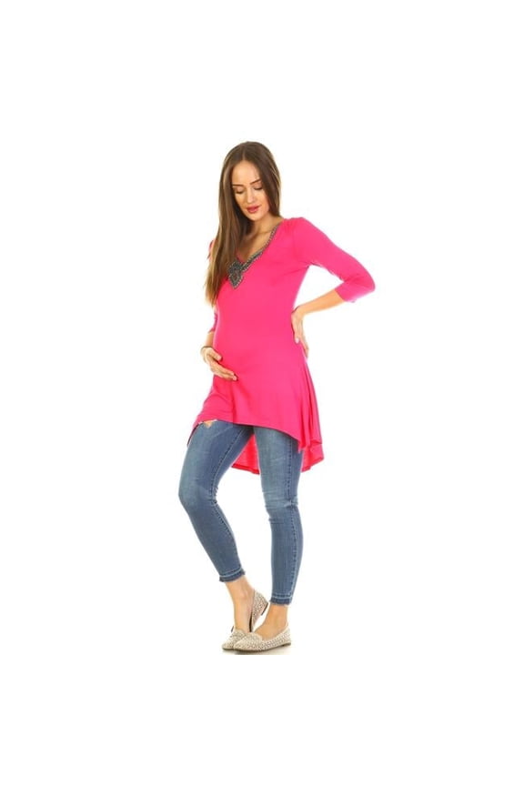 MTR1291-03-S Maternity Calla Embellished Tunic Top - Fuchsia - Small