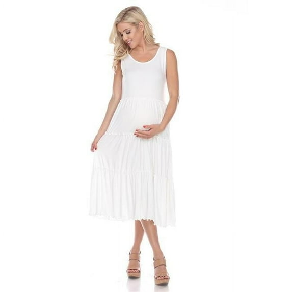MTRPS315-05-3X White Maternity Plus Size Scoop Neck Teired Midi Dress 3X