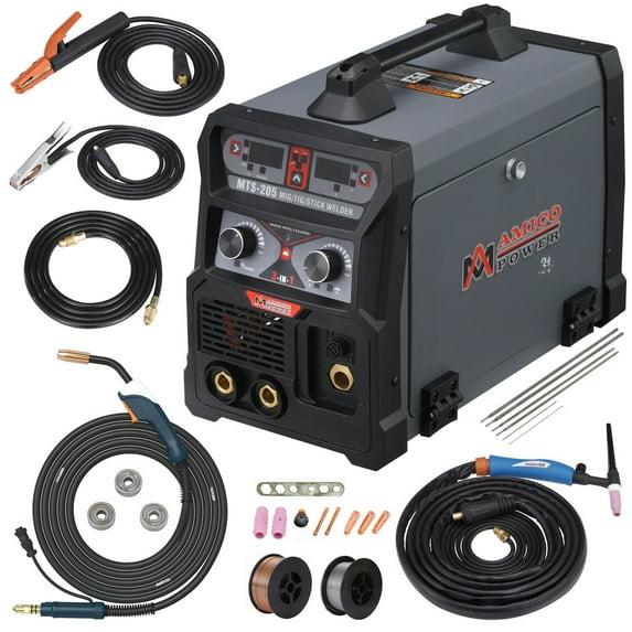 Amico Power MTS-205 205Amp MIG/TIG/Stick Combo Welder, 28 lb, Dual Voltage Welding Machine, Gray