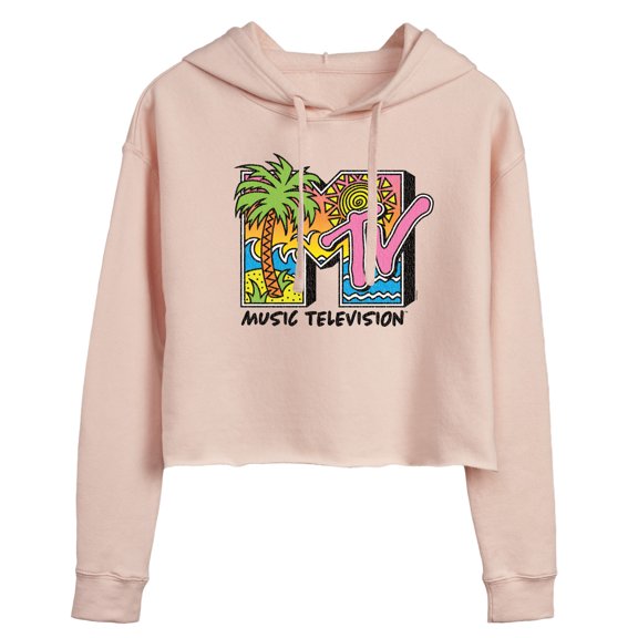 MTV - 80's Beach Logo - Juniors Cropped Fleece Hoodie Sweatshirt