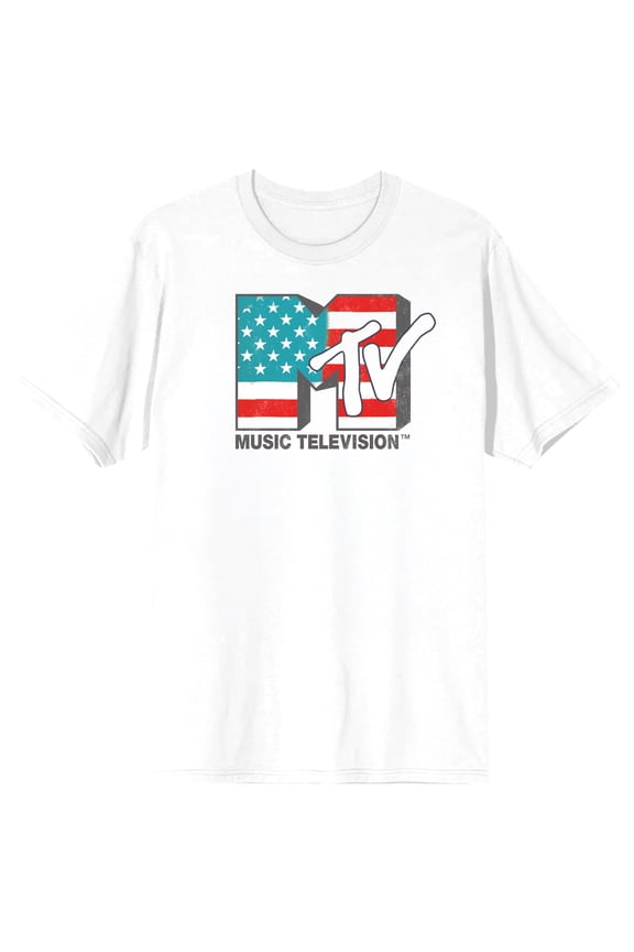 MTV American Flag Logo Adult White Crew Neck Short Sleeve T-shirt-Large