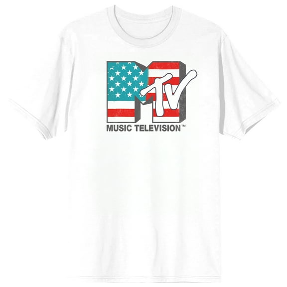 MTV American Flag Logo Adult White Crew Neck Short Sleeve T-shirt-Small