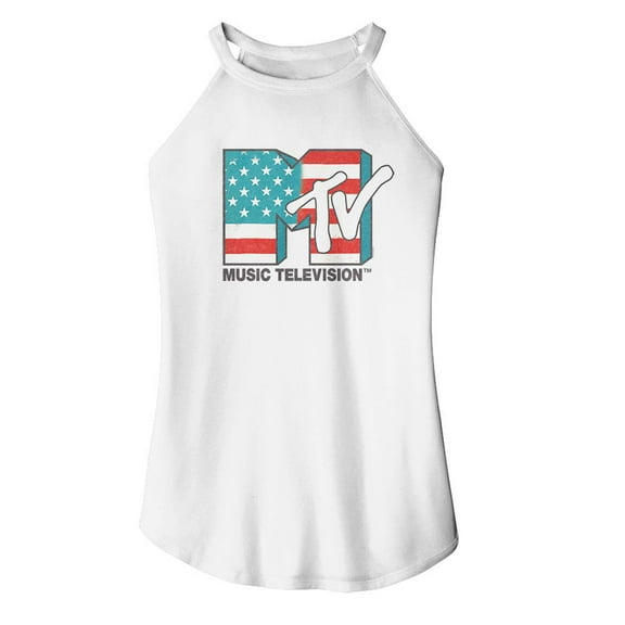 MTV American Flag White Women's Sleeveless Rocker Tank Top T-Shirt
