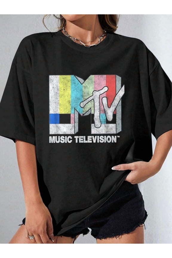 MTV Classic Fit Black T-Shirt - Vintage TV Signal Logo, 100% Cotton, Adult Short Sleeve