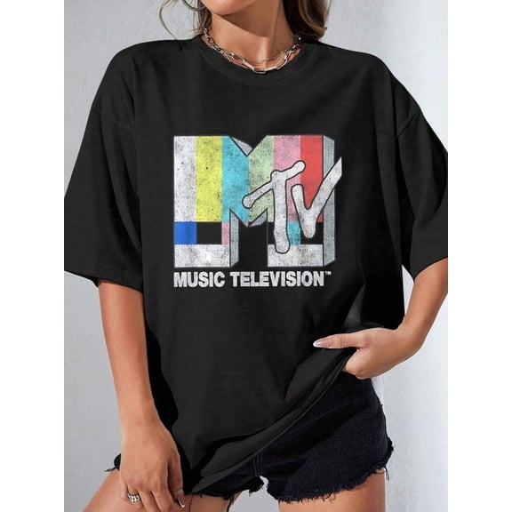 MTV Classic Fit Black T-Shirt - Vintage TV Signal Logo, 100% Cotton, Adult Short Sleeve