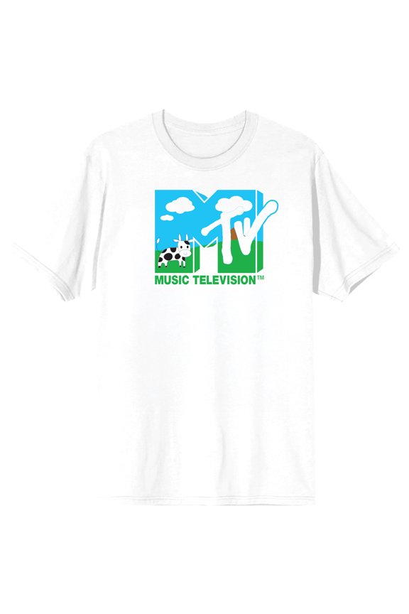 MTV Cow In Field Logo Adult White Crew Neck Short Sleeve T-shirt-Large