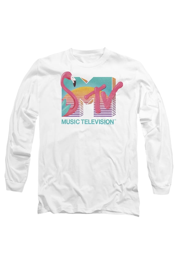 MTV Flamingo Logo Unisex Adult Long-Sleeve T Shirt (Medium) White