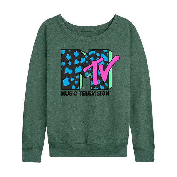 MTV - Fluorescent Leopard Print MTV Logo - Women's Lightweight French Terry Long Sleeve Shirt