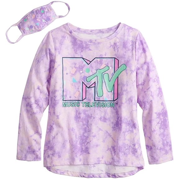 MTV Girls Long Sleeve Tie Dye T-Shirt with Face Mask - 2pc Bundle - Girls 4-16