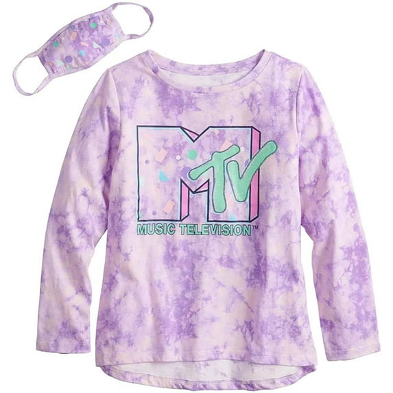 MTV Girls Long Sleeve Tie Dye T-Shirt with Face Mask - 2pc Bundle - Girls 4-16