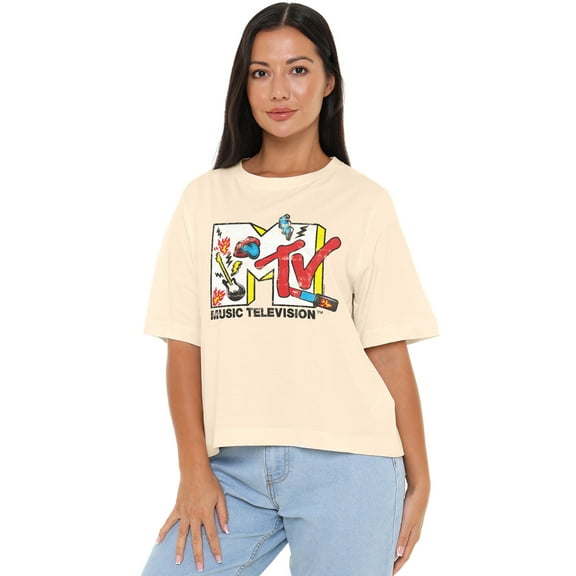 MTV Lipstick Madness Women's Boxy Cropped T-Shirt Casual Graphic Tee