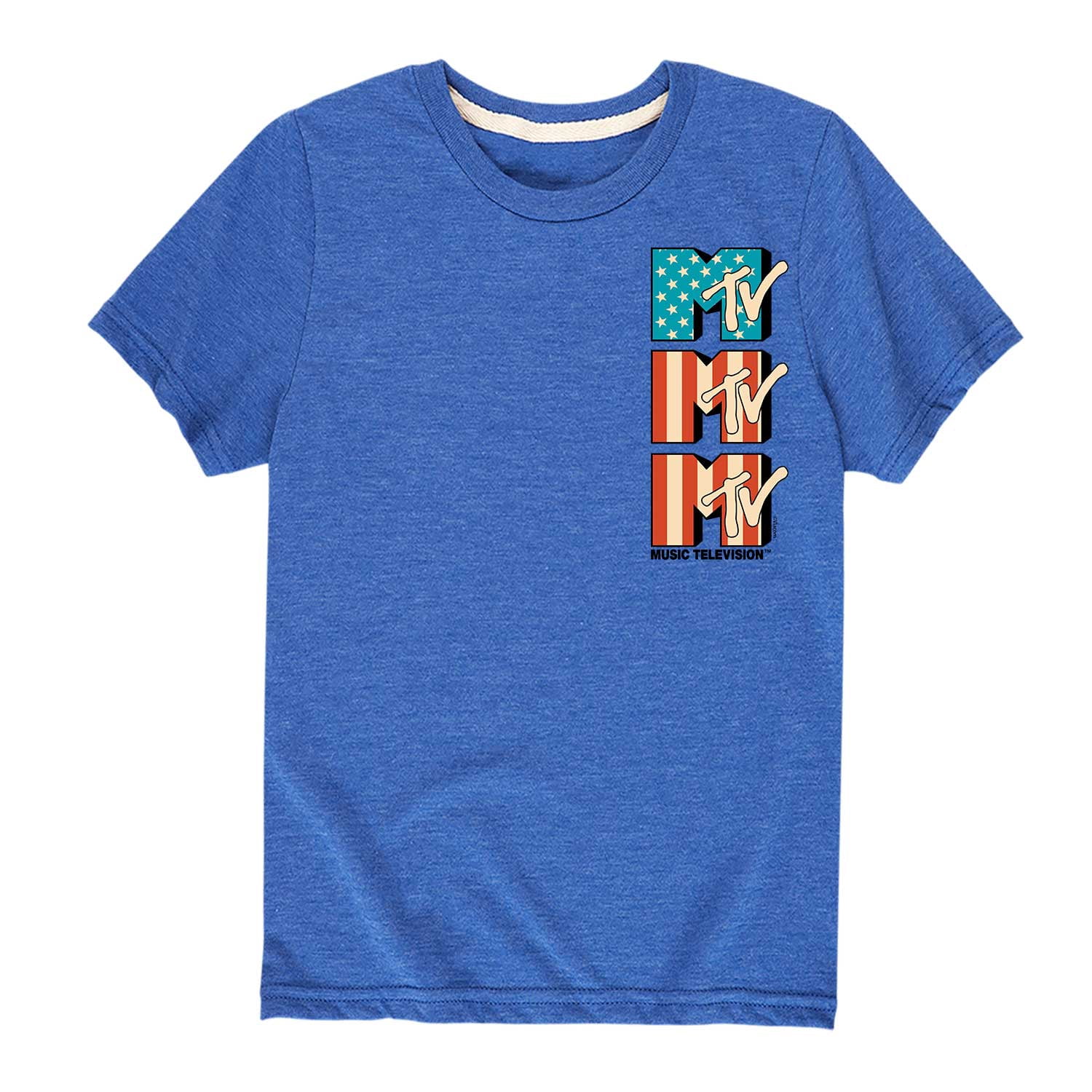 MTV Music Television Men's T-Shirt USA American Flag Distressed Print Tee Large Heather Grey
