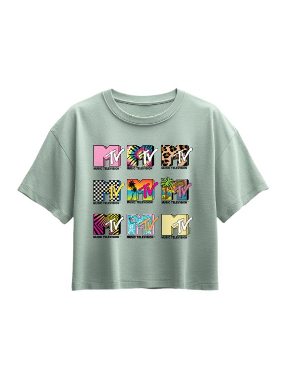 - MTV Top Logo Grid Girls' Short Sleeve Boxy Graphic T-Shirt
