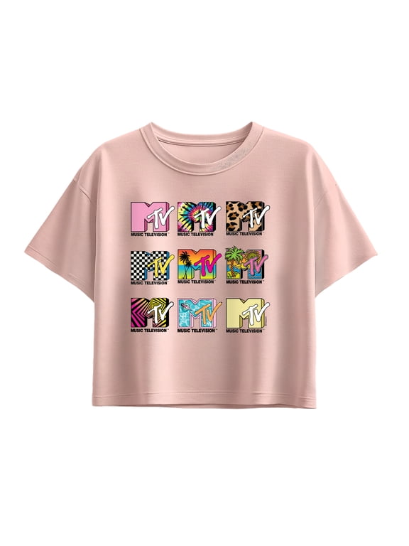 - MTV Top Logo Grid Girls' Short Sleeve Boxy Graphic T-Shirt