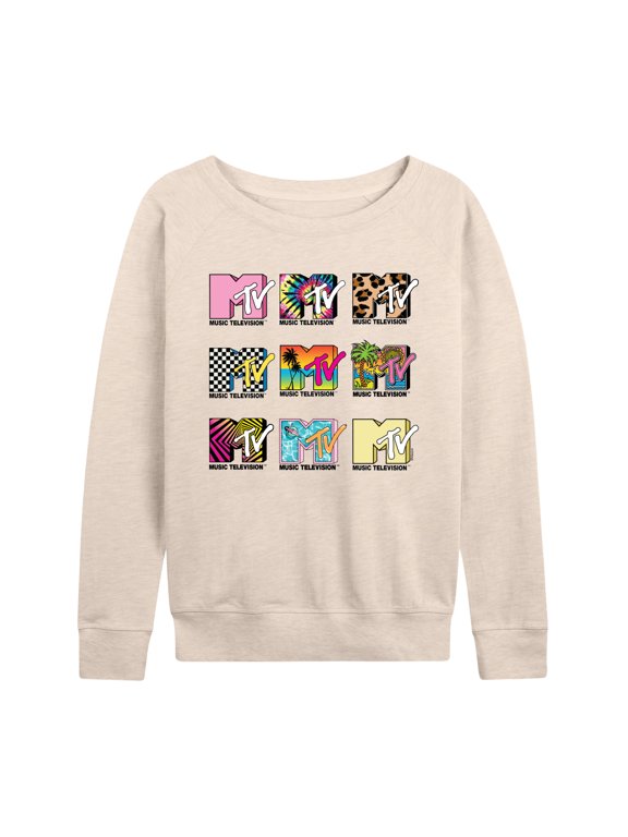 - MTV Top Logos Women's Lightweight French Terry Wide Neck Long Sleeve Graphic Shirt