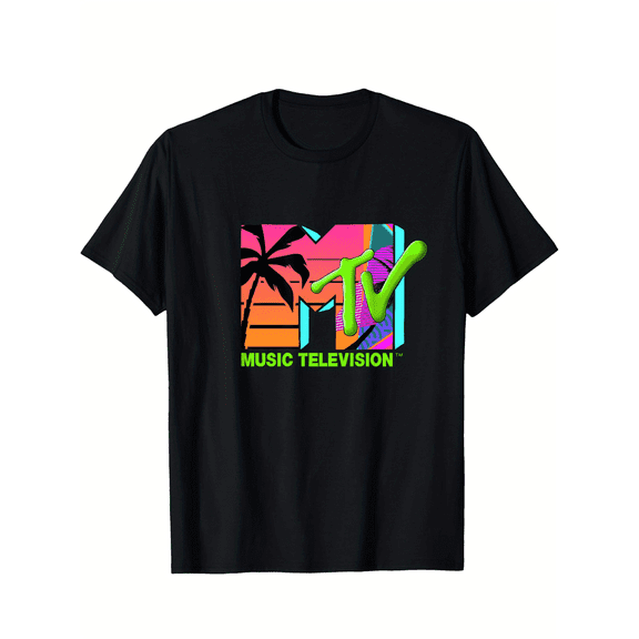 The MTV Logo with retro palms in paradise T-Shirt Cotton Fun Design DIY Men'S Soft breathable comfortable casual sports Easter and Father'S Day gifts, PLUS SIZE, L-5XL
