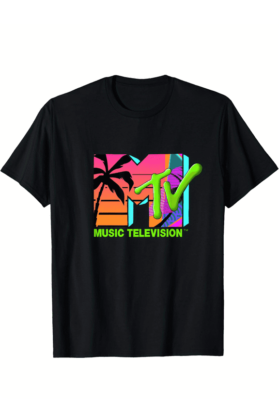 The MTV Logo with retro palms in paradise T-Shirt Cotton Fun Design DIY Men'S Soft breathable comfortable casual sports Easter and Father'S Day gifts, PLUS SIZE, L-5XL