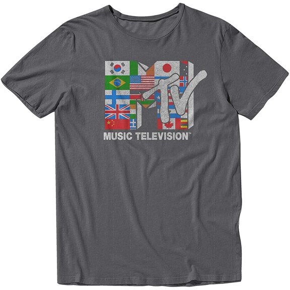 MTV Music Television Men's Officially Licensed Retro Vintage Graphic Logo Tee T-Shirt (Medium, Grey MTV Flags)