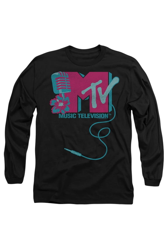 MTV Microphone Logo Unisex Adult Long-Sleeve T Shirt (Large) Black