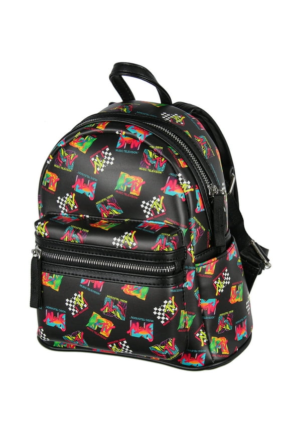 MTV Music Television '80s Logo Tossed Print Zippered Mini Small Backpack Bag