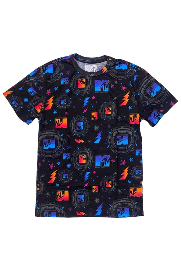 Music Television Men's Officially Licensed All Over Print Tee T-Shirt (Medium, Black)