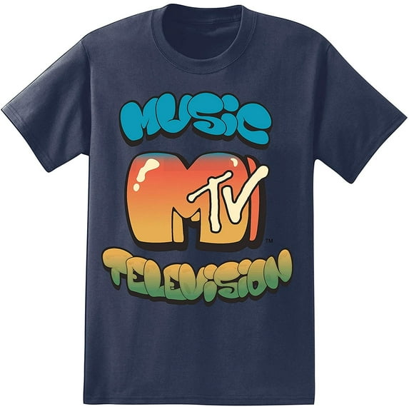 MTV Music Television Men's Officially Licensed Retro Vintage Graphic Logo Tee T-Shirt (Medium, Navy MTV Bubble)