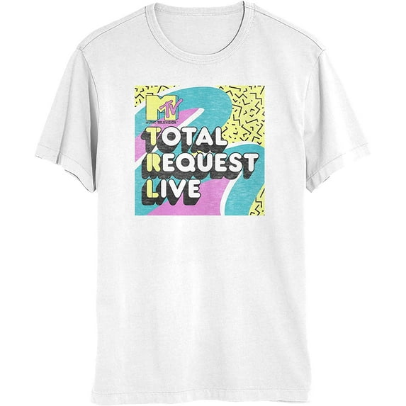 MTV Music Television Men's Officially Licensed Retro Vintage Graphic Logo Tee T-Shirt (Medium, White Total Request Live)