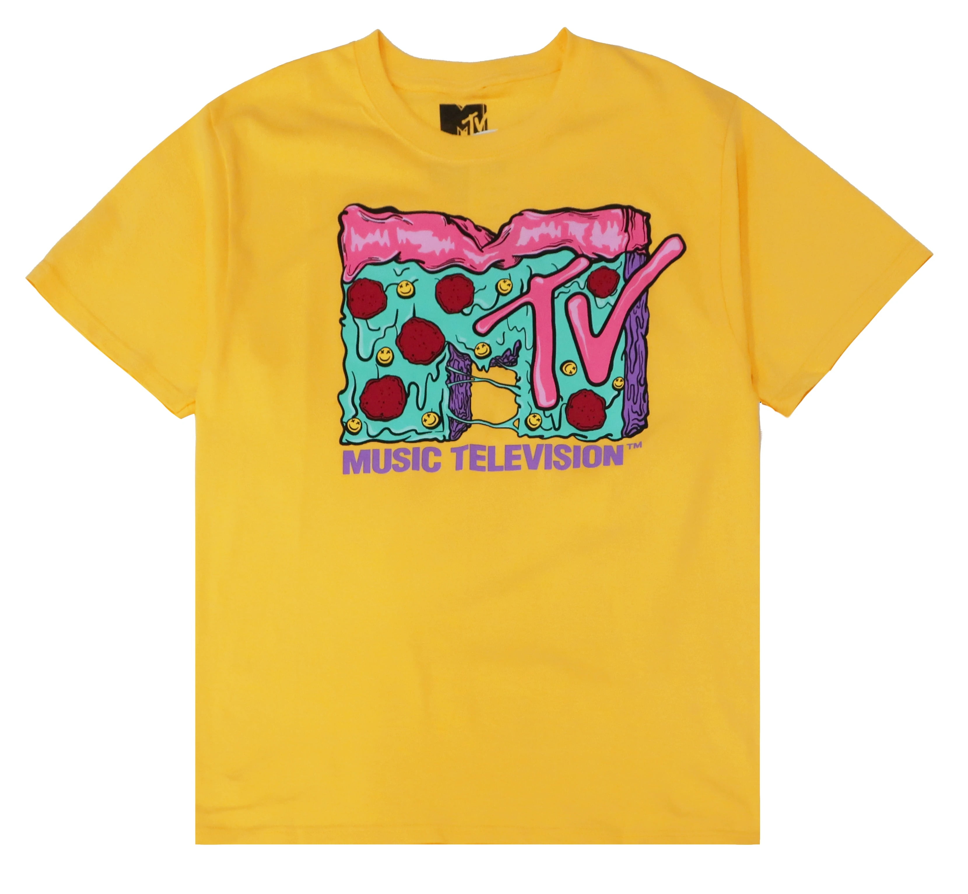 MTV Music Television Men's Officially Licensed Retro Vintage Graphic Logo  Tee T-Shirt (Medium, Yellow MTV Pizza)