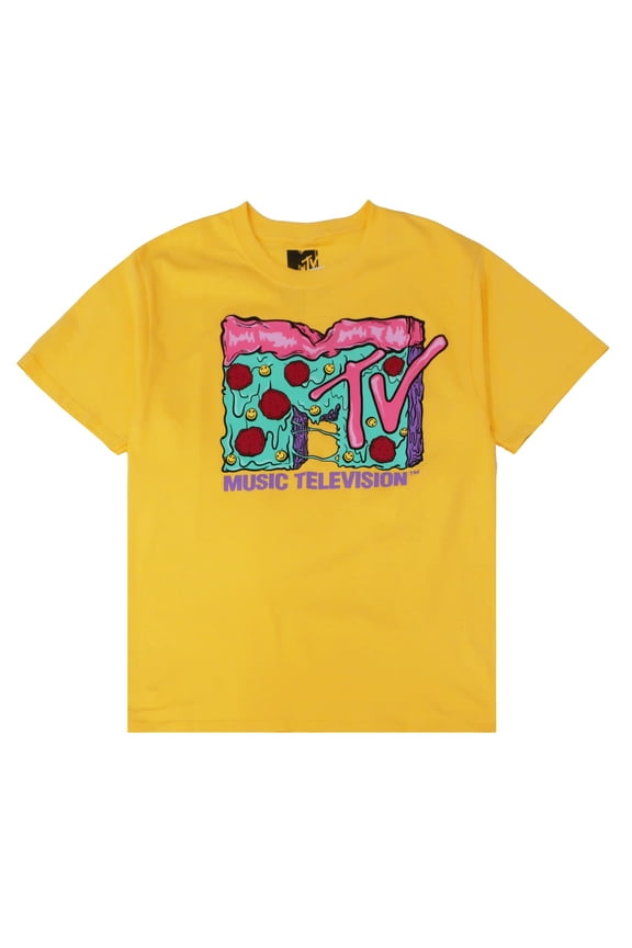 Music Television Men's Officially Licensed Retro Vintage Graphic Logo Tee T-Shirt (Medium, Yellow MTV Pizza)