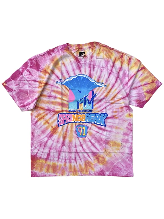 Music Television Men's Officially Licensed Retro Vintage Graphic Logo Tee T-Shirt (Small, Pink Tie Dye Spring Break)