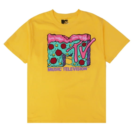 MTV Music Television Men's Officially Licensed Retro Vintage Graphic Logo Tee T-Shirt (X-Large, Yellow MTV Pizza)