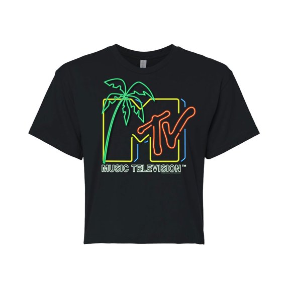 MTV - Neon Light Palm Tree Logo - Juniors Cropped Tee