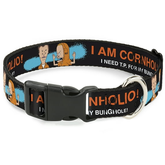MTV Pet Collar, Dog Collar Plastic Buckle, Beavis and Butt-Head I Am Cornholio Pose Black Orange White, 8.5 to 12 Inches 0.5 Inch Wide