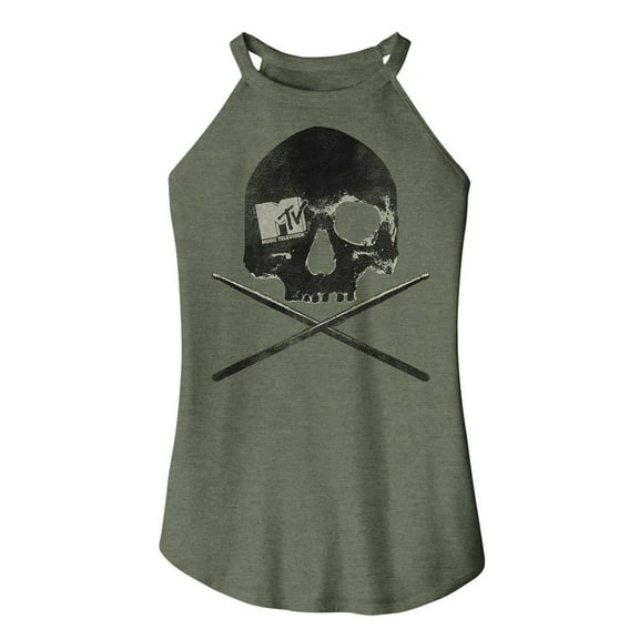 MTV Skull and Sticks Military Green Women's Sleeveless Rocker Tank Top T-Shirt