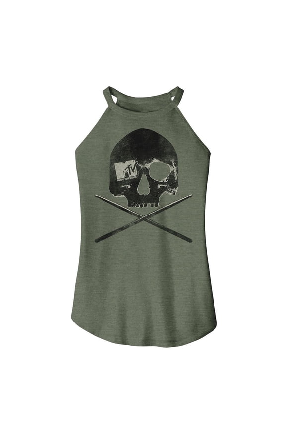 MTV Skull and Sticks Military Green Women's Sleeveless Rocker Tank Top T-Shirt