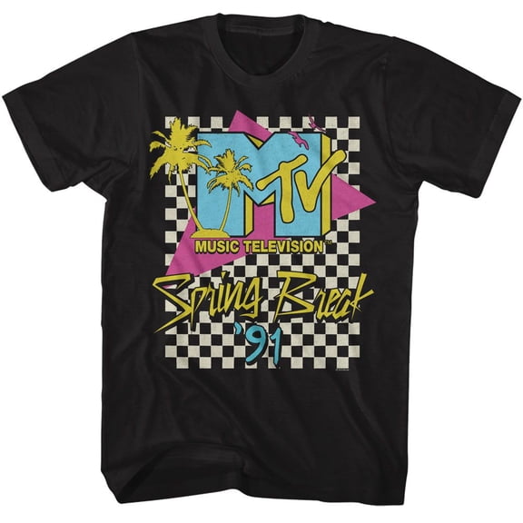 MTV Spring Break 91 Checkered Bg Black Adult S/S Tshirt Xl