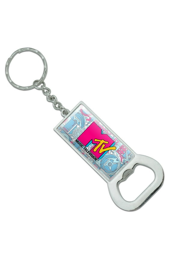 MTV Techno Neon Logo Keychain Rectangle Chrome Plated Metal Bottle Cap Opener