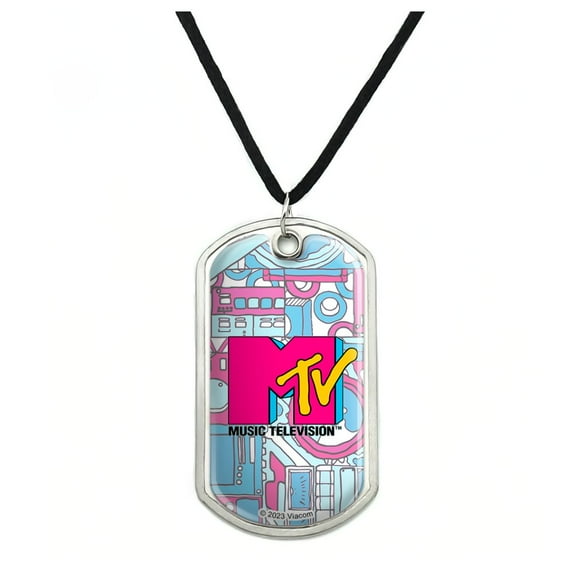 MTV Techno Neon Logo Military Dog Tag Pendant Necklace with Cord