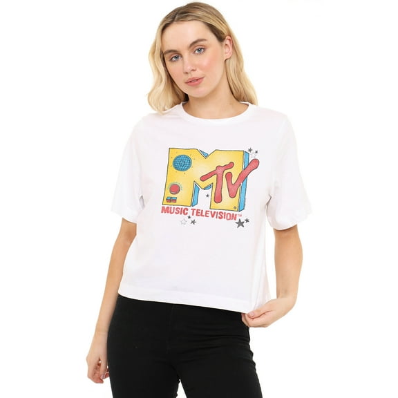 MTV Turn It Up Women's Boxy Cropped T-Shirt Casual Graphic Tee