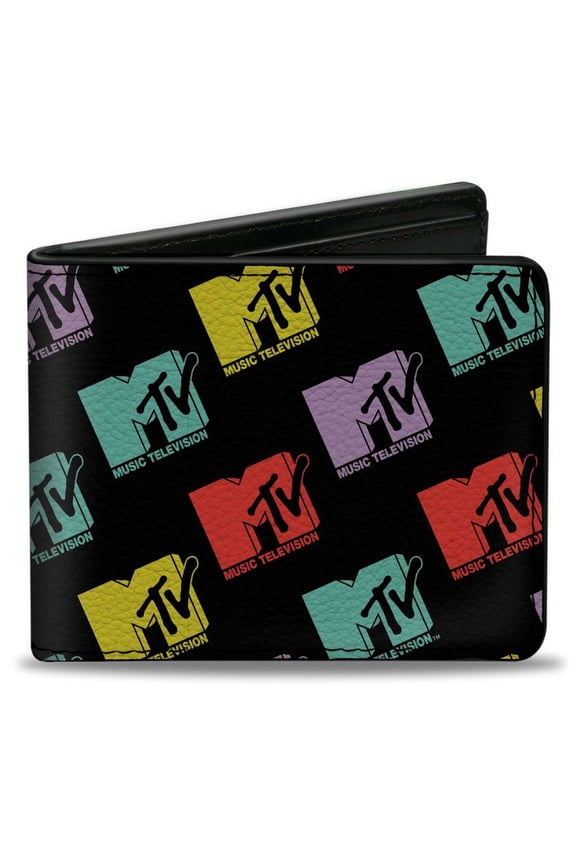 MTV Wallet, Bifold, MTV Music Television Logo Monogram Black Multi Color, Vegan Leather