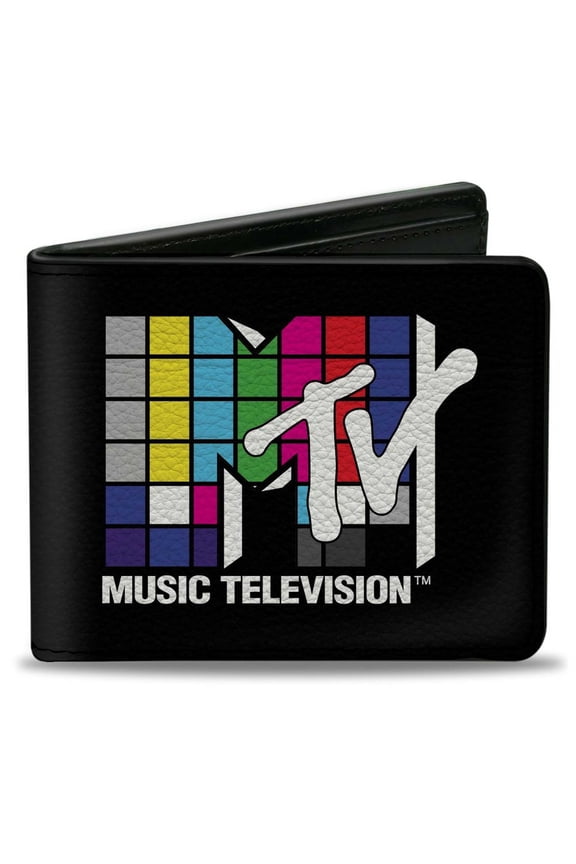 MTV Wallet, Bifold, MTV Music Television Puzzle Cube Logo Black Multi Color, Vegan Leather