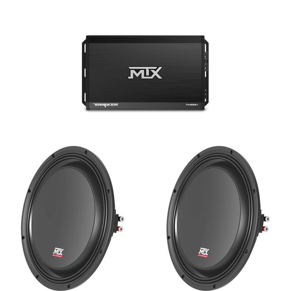 MTX TERMINATOR 1000-Watt RMS 1 Mono Block Class D Amplifier and Two MTX Audio 3512-04S 35-Series 12" 300W RMS 4-Ohm Shallow Mount Subwoofer