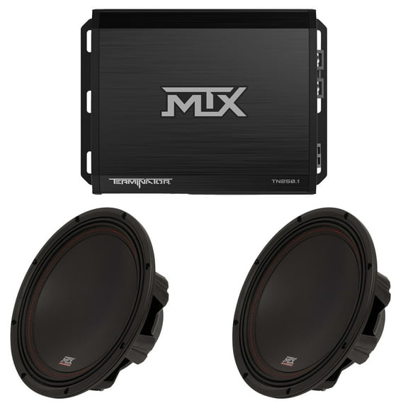 MTX TERMINATOR 250-Watt RMS 2Ω Mono Block Class D Amplifier and MTX Audio 3510-02 35-Series 10" 250W RMS 2-Ohm Subwoofer